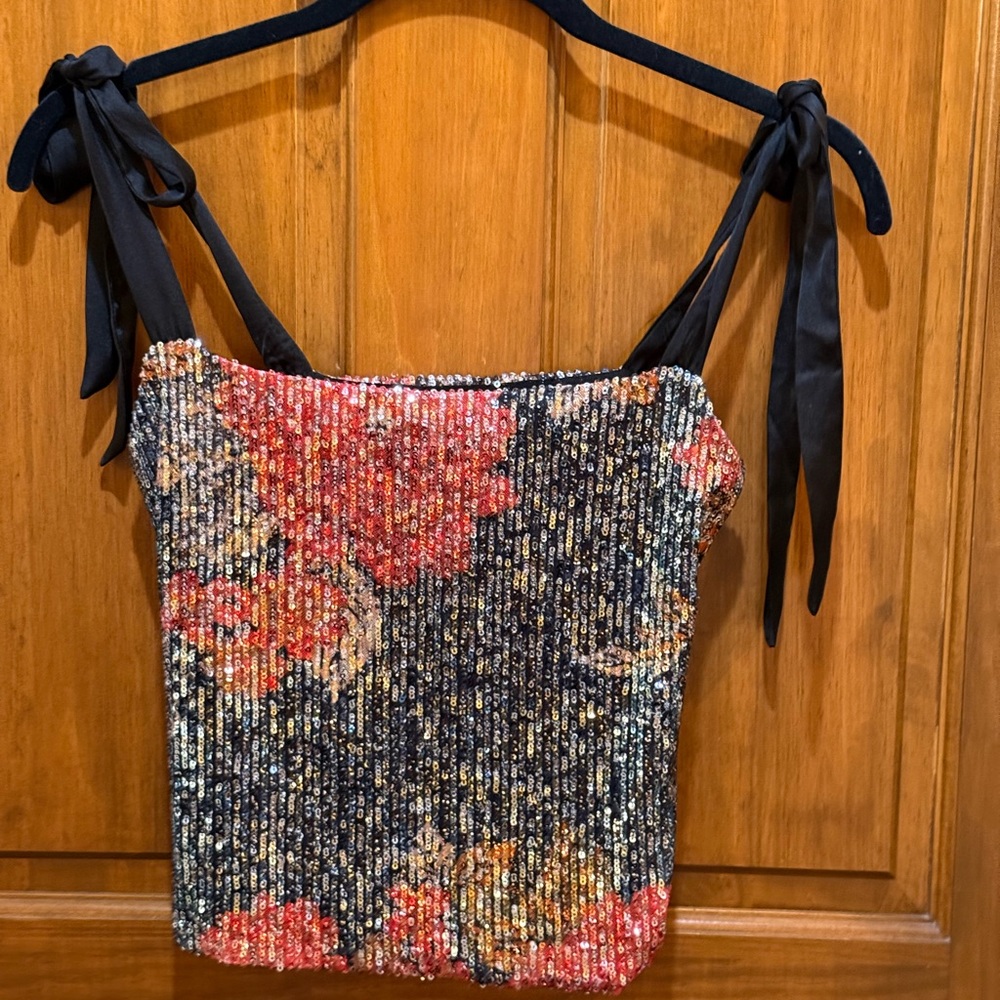 Free People Black and Coral  Sequin Tie Front Tank Top